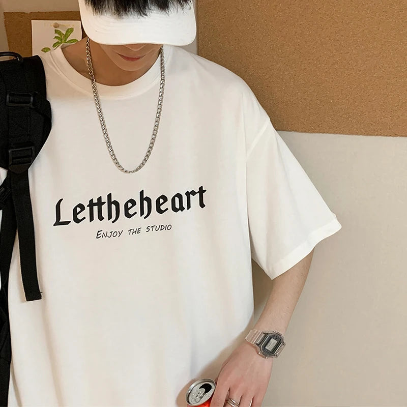 Men's Oversized Streetwear T-Shirt – Harajuku Style Graphic Tee with Gothic Letter Print – Vintage Hip Hop Punk Look for Summer – Casual Loose Fit in Blue 