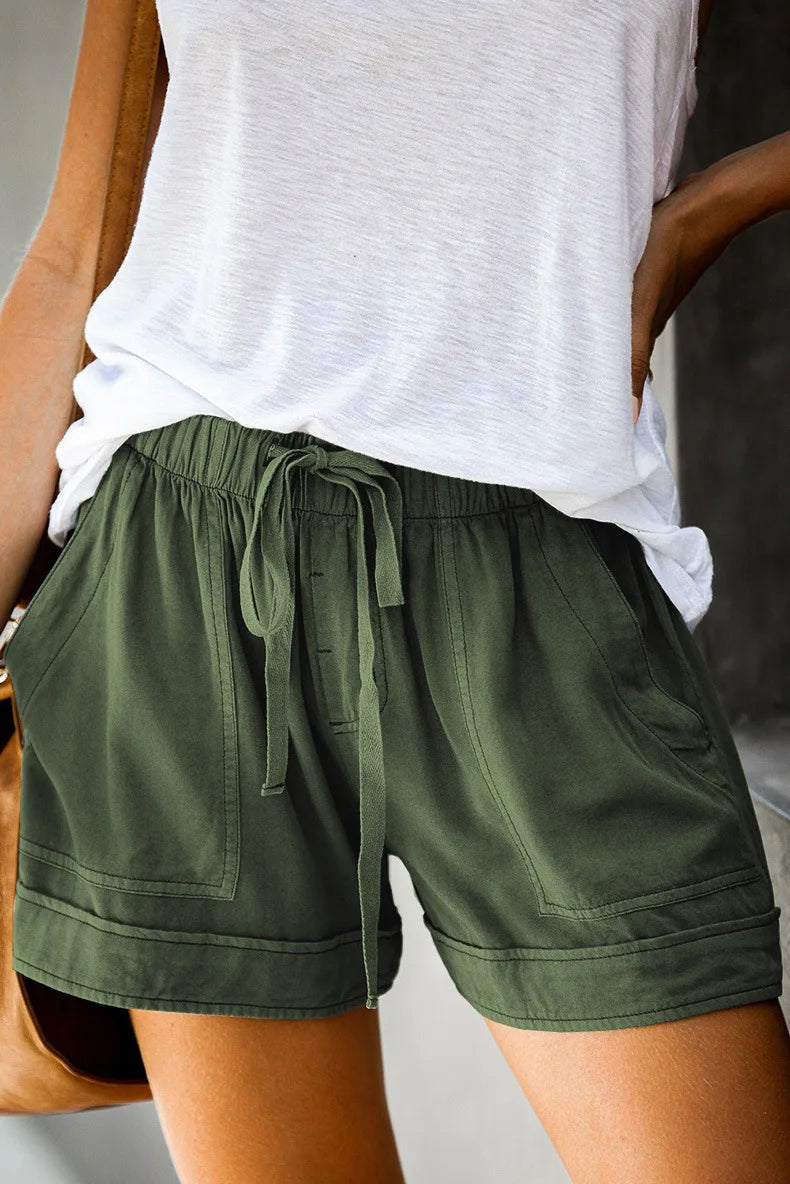 2023 Summer Women's High-Waisted Casual Shorts – European & American Style Lace-Up Loose Fit Twill Wide-Leg Pants 