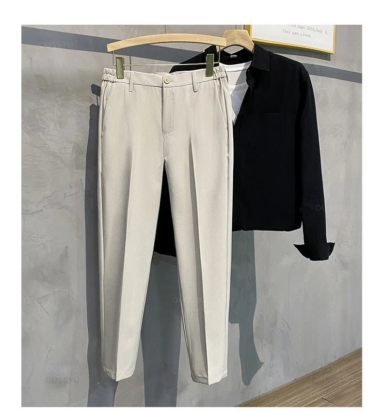 2025 Spring-Summer Men's Slim Fit Casual Business Jogger Pants with Elastic Waist, Available in Plus Sizes 40 and 42, Black
