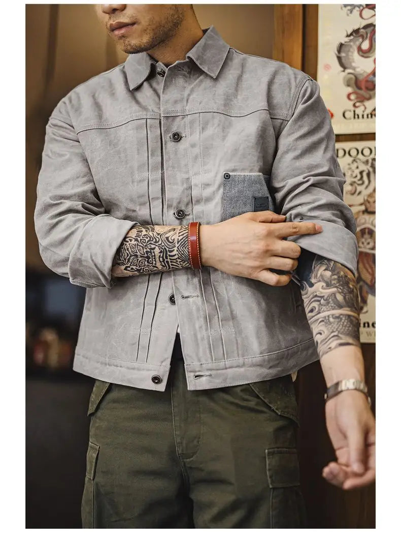 Maden Men's Vintage Grey Canvas Oil-Waxed Waterproof Hunting Jacket with Double Pleats and Patch Pockets for Autumn