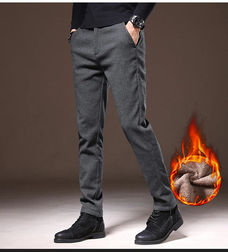 Men's Winter Fleece-Lined Slim Fit Pants – Thick Warm Straight-Leg Casual Business Trousers (Sizes 28-38)