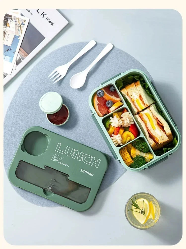 1300ML 4-Compartment Bento Lunch Box with Cutlery – Microwave & Dishwasher Safe, Leakproof Food Container for School, Work & Adults