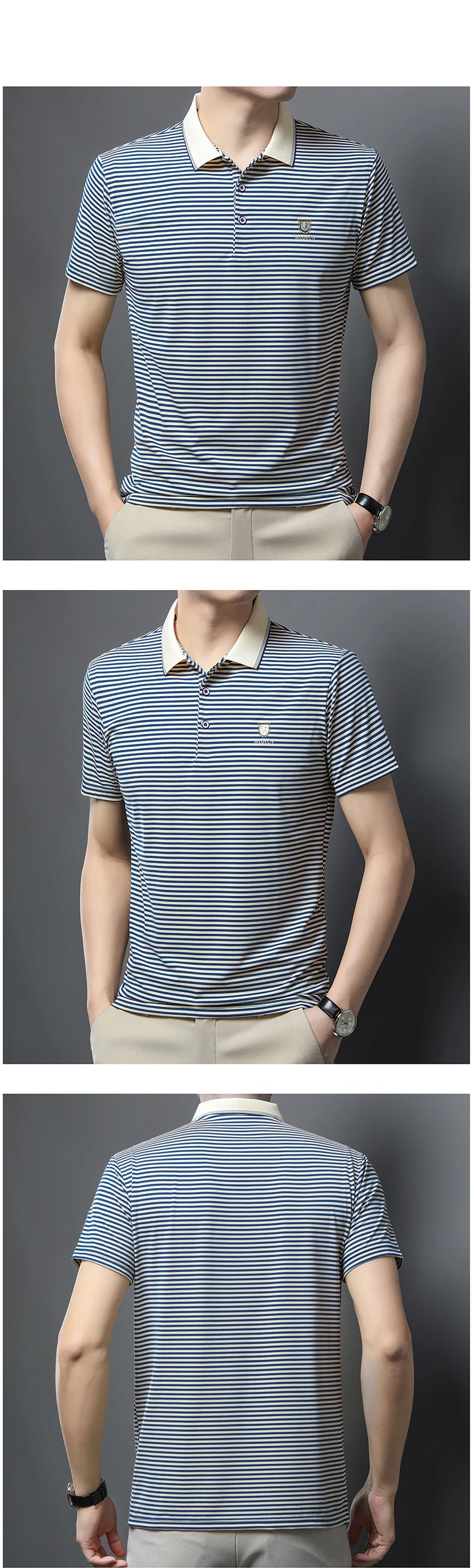 Premium Cotton Men's Summer Polo Shirt – 2024 Soft Short Sleeve Tee with Stripe Accents & Brand Badge Design
