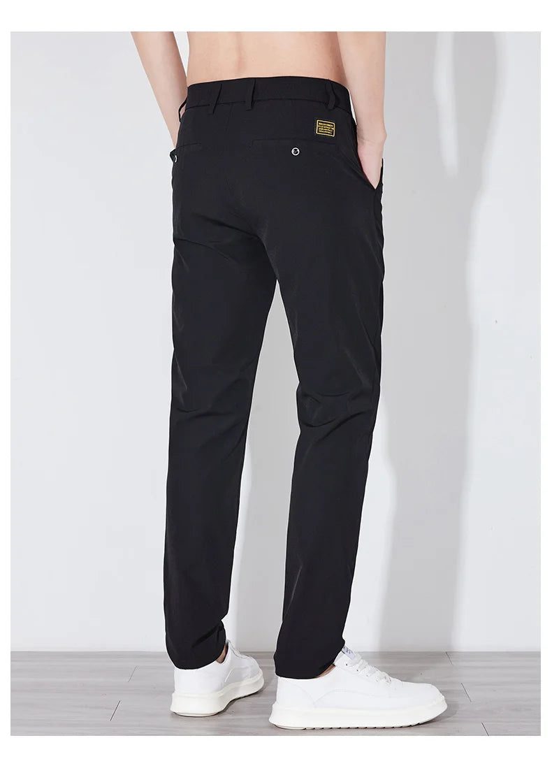 Men's Summer Silk-Feel Stretch Trousers – Lightweight Classic Business Casual Pants with Elastic Waist – Korean Style Smooth Suit Pants in Black or Gray