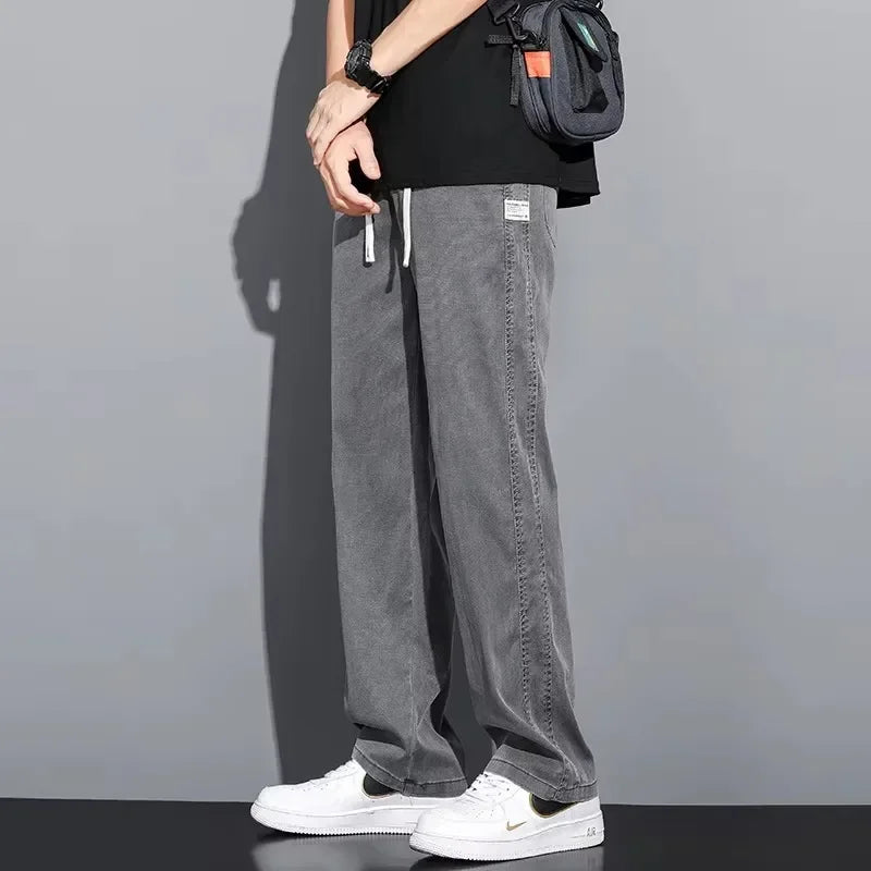 2025 Summer Men's Lightweight Lyocell Jeans – Loose Fit, Straight-Leg Casual Pants with Elastic Waist and Drawstring, Korean Style 