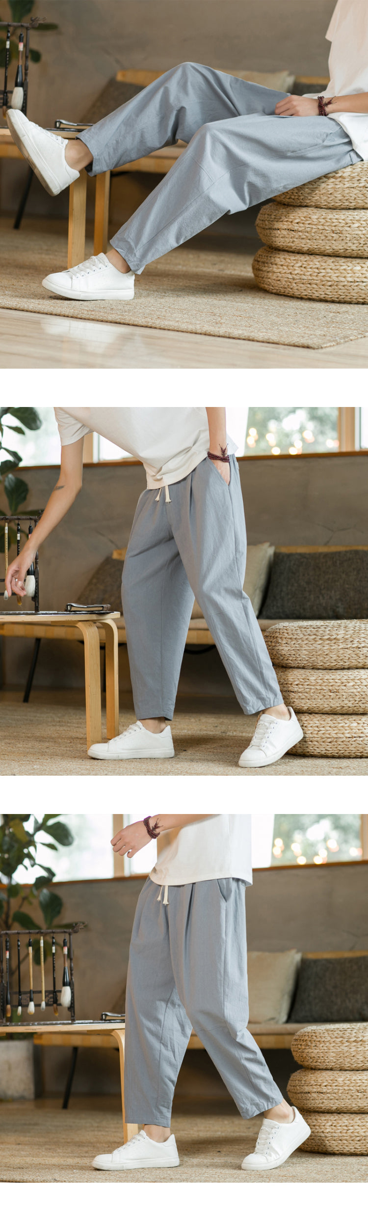 Men's Casual Cotton-Linen Pants – Breathable Loose-Fit Straight-Leg Drawstring Trousers in Solid Colors, Stylish Summer Streetwear