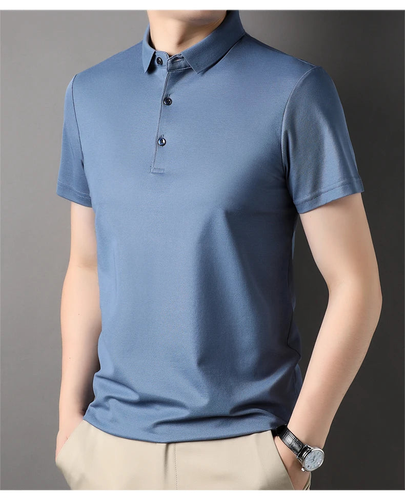 Luxury Summer Men’s Polo Shirt – Premium Plain Design with 4.7% Mulberry Silk, Short Sleeve, Lightweight Casual Fashion Top