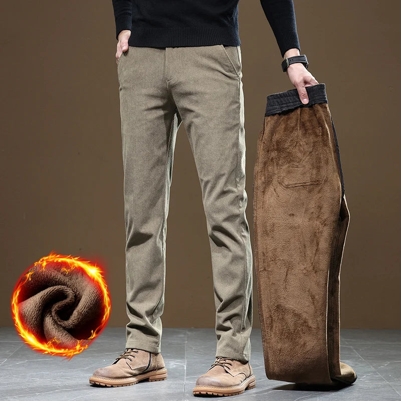 2024 New Men’s Winter Fleece-Lined Corduroy Pants – Slim Fit, Stretchy, Thickened Casual & Business Trousers in Gray & Khaki