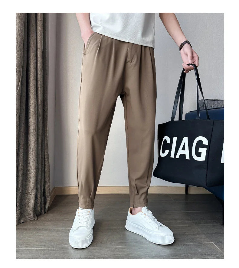 Men’s Spring & Summer Casual Solid Color Ice Silk Trousers — Korean Style Slim Ankle Pants with Zipper Detail, Smooth & Lightweight for a Handsome Look