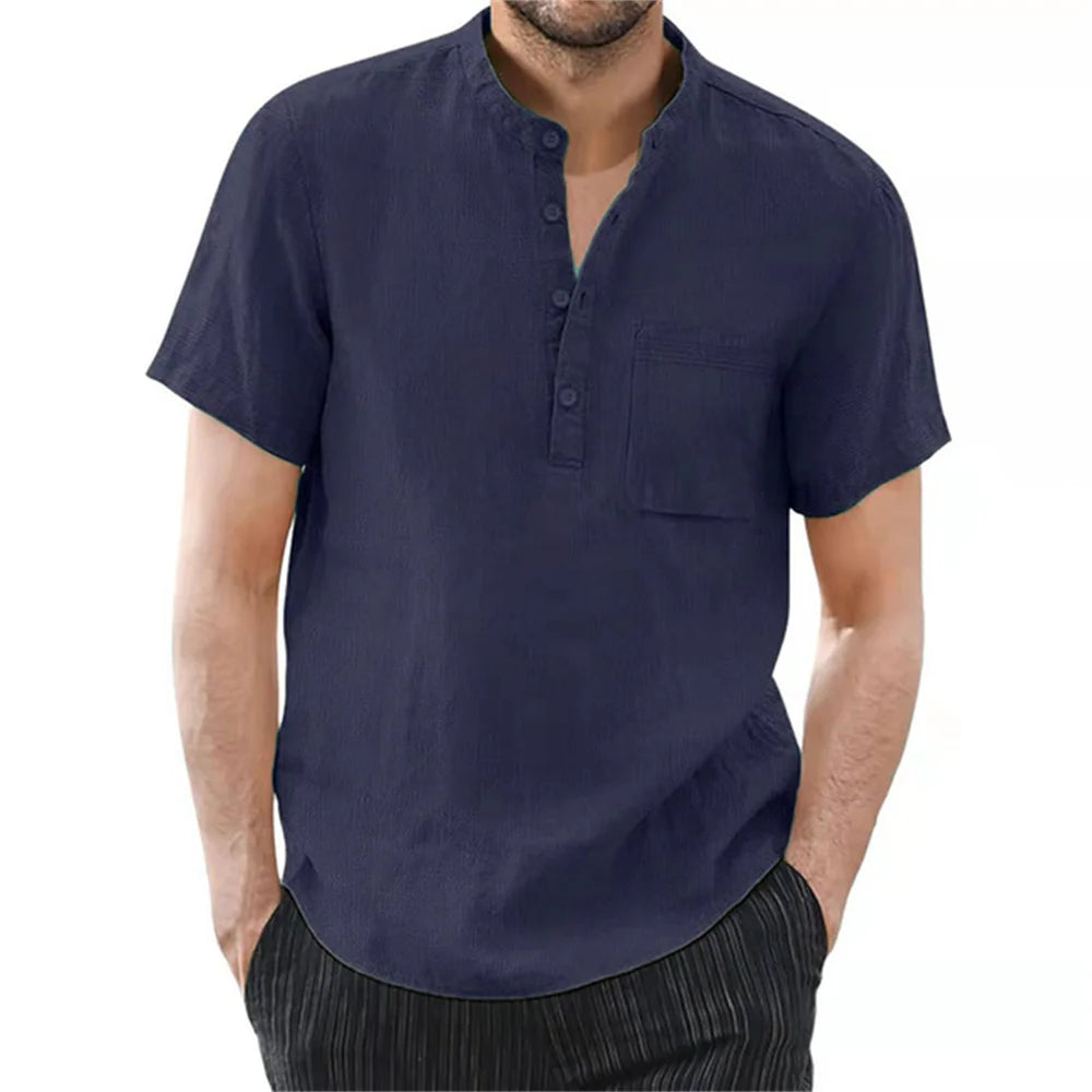 Men’s Casual Short Sleeve Cotton-Linen T-Shirt – Solid Color, Breathable and Comfortable Summer Shirt