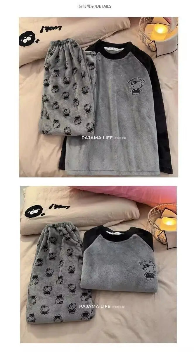 Y2K Hello Kitty Winter Flannel Pajama Set for Women – Cozy Cartoon Loungewear, Loose Fit, Warm Homewear Suit
