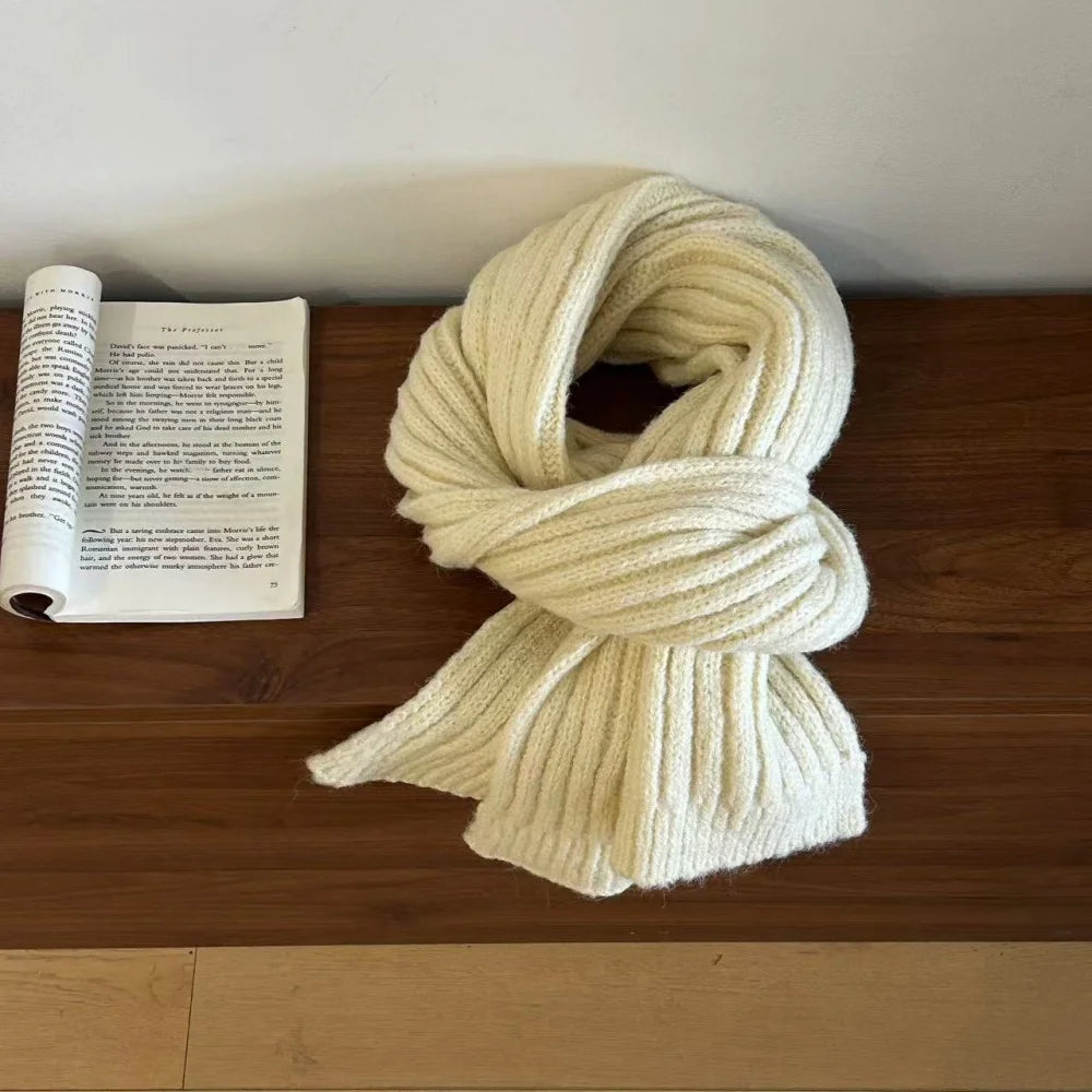 High-End Korean Style Thick Knit Scarf for Women – Warm Woolen Solid Color Winter & Autumn Wrap