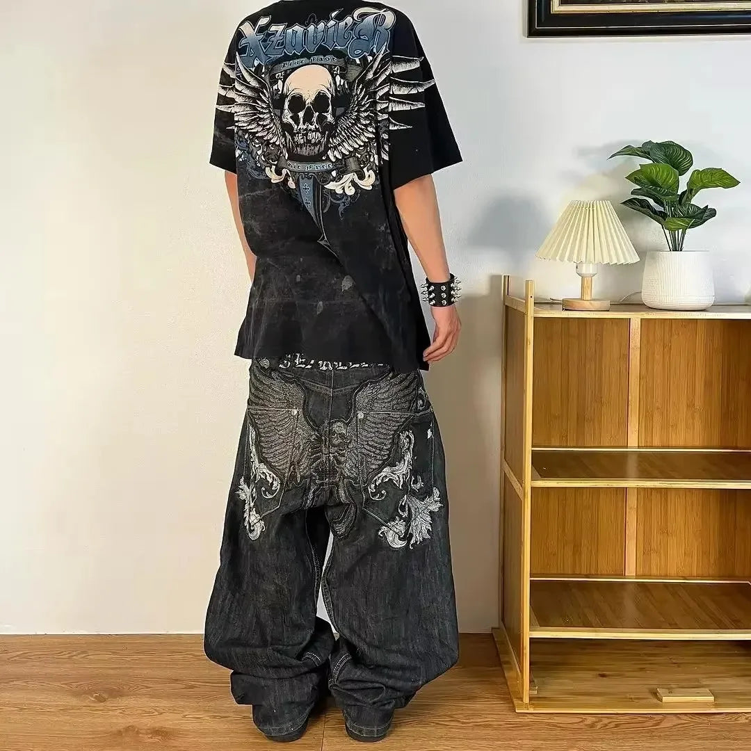 Streetwear PROTECT Embroidered Jeans for Men – Y2K Vintage Blue Baggy, High Waist, Wide Leg Harajuku Hip Hop Pants