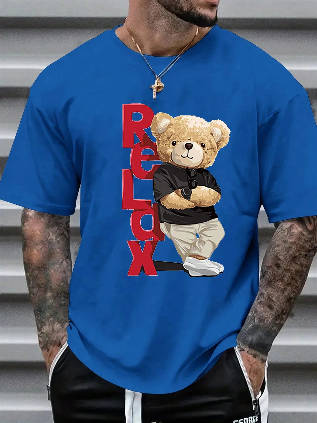 Men’s Summer Casual Loose Fit T-Shirt with Bear Letter Print, 100% Cotton, Round Neck, Short Sleeve, Plus Size Sports Tee