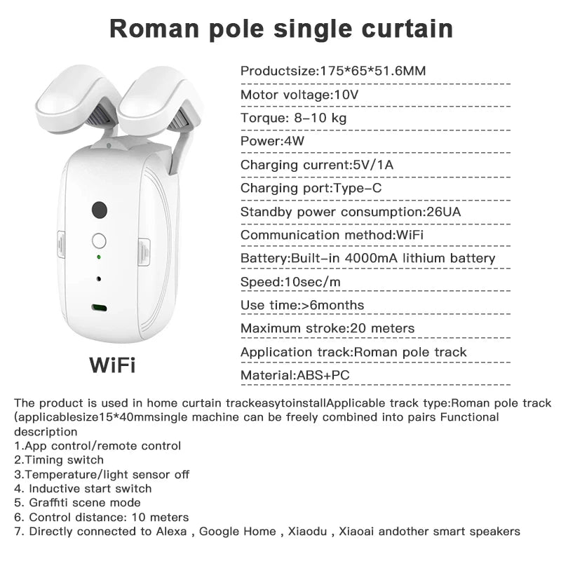 Smart WiFi/Bluetooth Curtain Opener – Automatic Electric Curtain Robot for Roman Rod & Track with Remote App Control