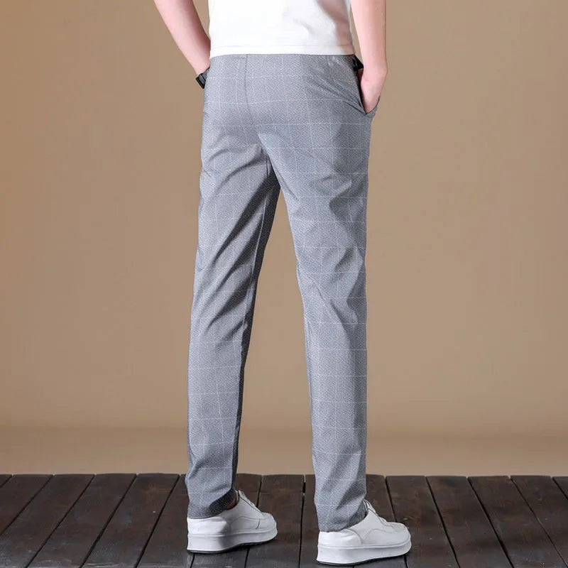2025 Men's Formal Elastic Waist Straight-Leg Suit Pants – Business Casual Long Trousers in Solid Black and Grey