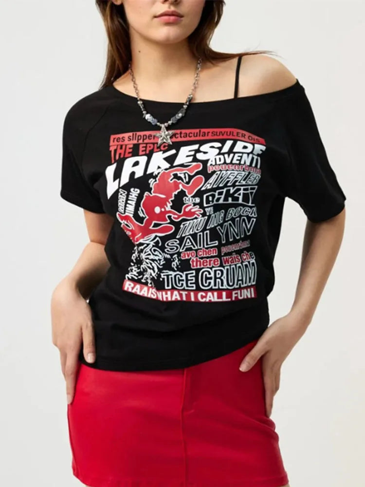 Y2K Off-Shoulder Gothic Crop Tee – Women's Letter Print Punk Streetwear Top, Grunge Aesthetic Harajuku Summer T-Shirt