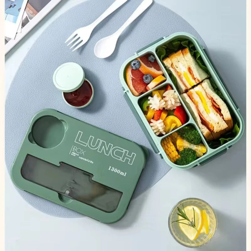1300ML 4-Compartment Bento Lunch Box with Cutlery – Microwave & Dishwasher Safe, Leakproof Food Container for School, Work & Adults