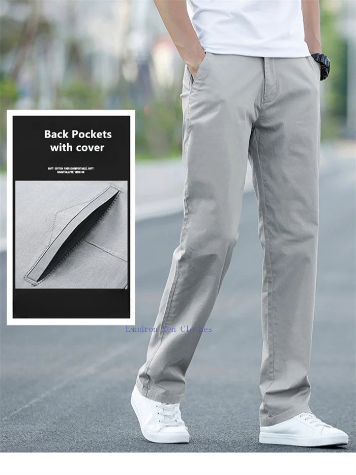 Men's Summer Lightweight Stretch Chino Pants – Loose Fit Cotton Trousers in Khaki, Blue, and Black – Plus Sizes 42 & 44