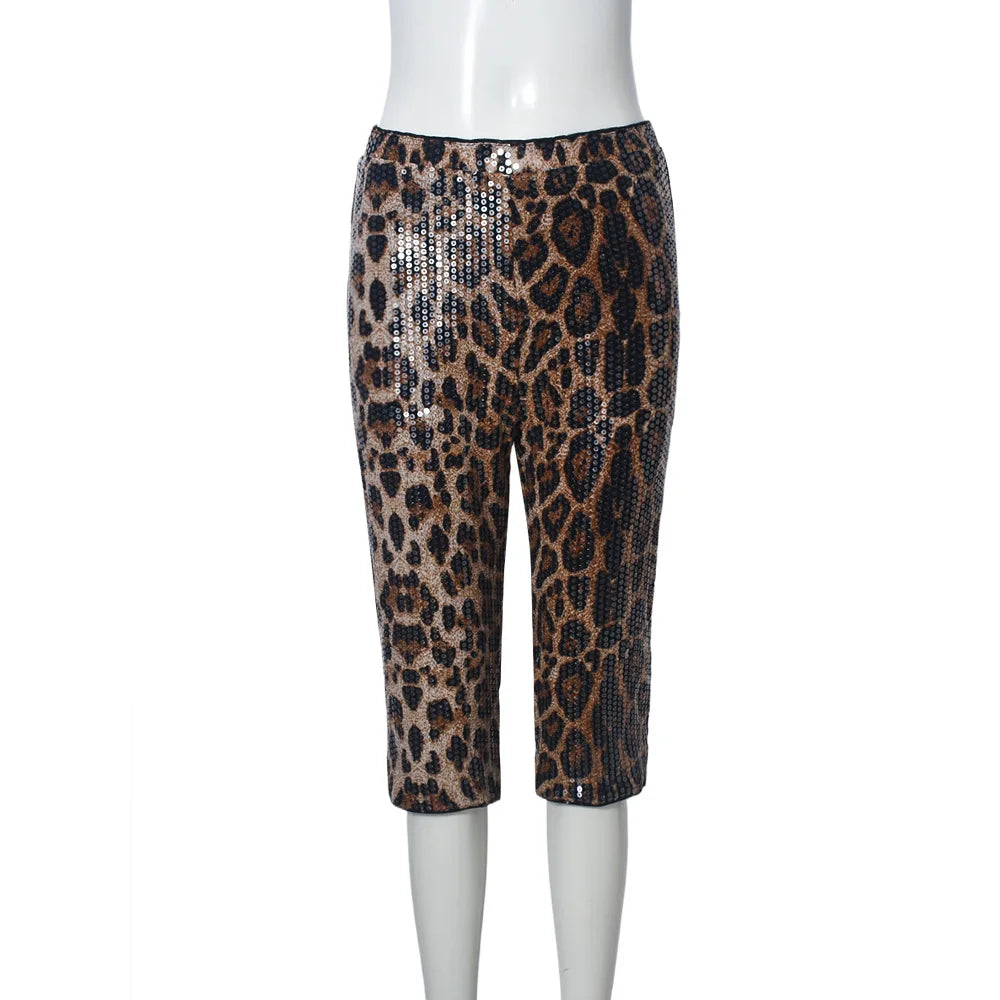 Women's Leopard Print Sequin Shorts – Sexy Knee-Length Clubwear, Slim Fit Party Pants for Evening & Street Style 