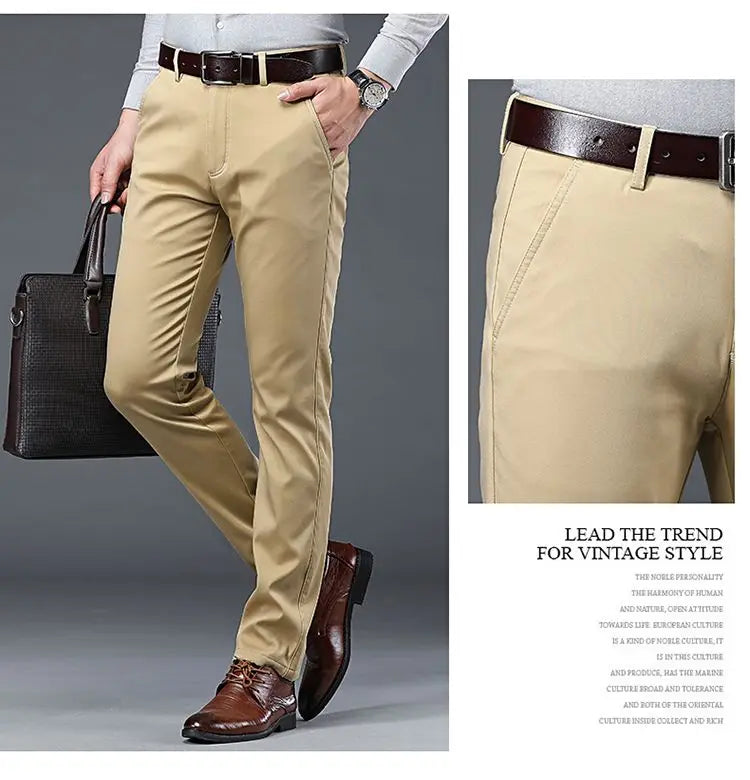 Men's Lightweight Summer Slim-Fit Suit Trousers – Business Casual Cotton Pants in Green, Black, and Khaki (Sizes 30–40)