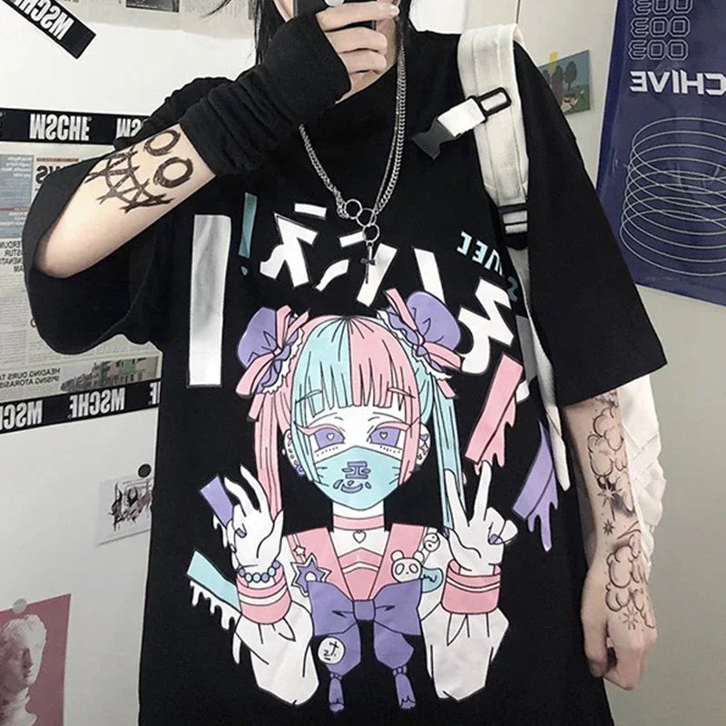 Women's Gothic Harajuku Loose T-Shirt – Aesthetic Dark Grunge Y2K Streetwear Top