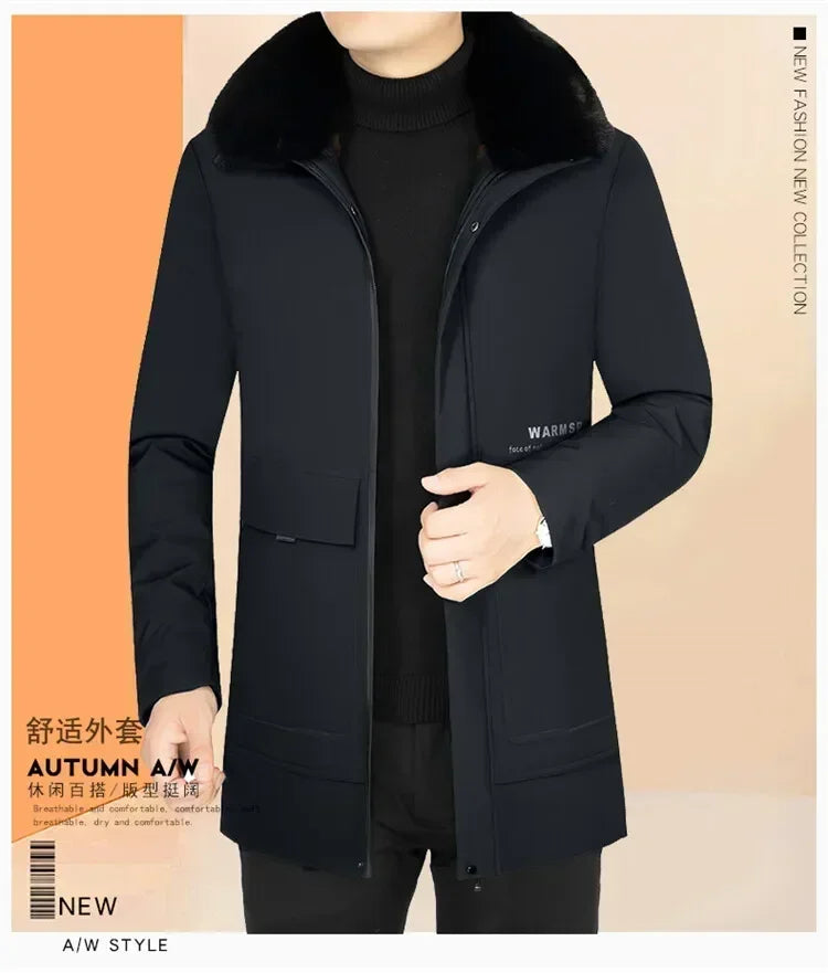 Men’s Solid Winter Parka with Fur Hood – Loose, Waterproof Fleece-Lined Vintage Streetwear Jacket