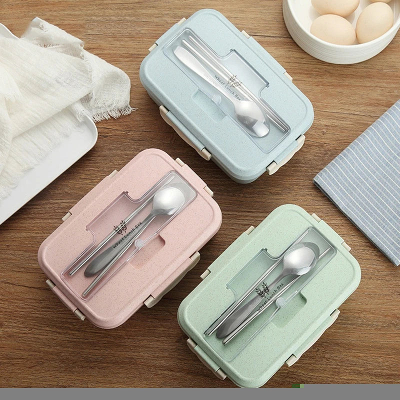 Microwaveable Bento Lunch Box with Spoon & Chopsticks – Wheat Straw Food Container for Kids, School & Office