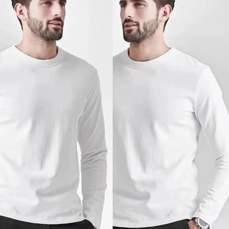 Men's Summer Long Sleeve T-shirt – Solid Color, Round Neck, Casual Style, Made from Mercerized Cotton