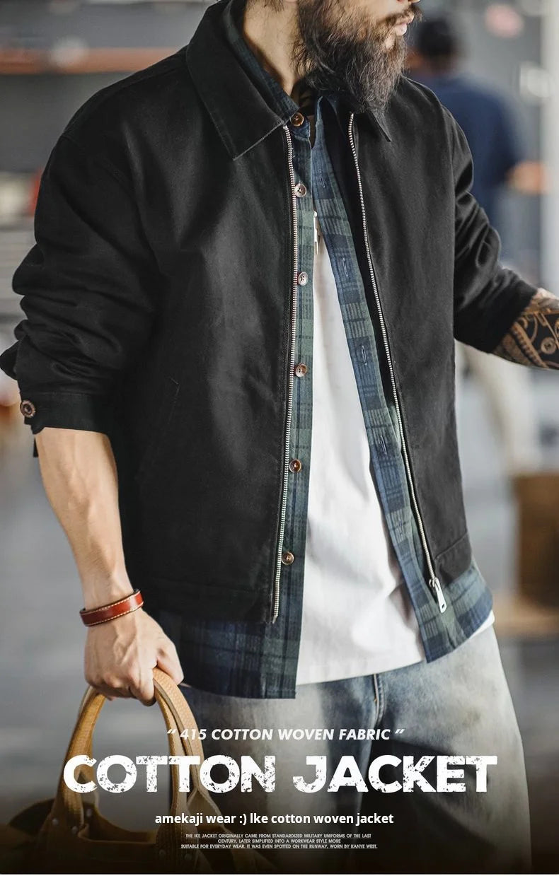 Men’s Heavyweight Vintage “IKE” Zip-Up Jacket – Black Cotton Coat with Collar, Casual Outdoor / Mountain Style for Spring & Fall