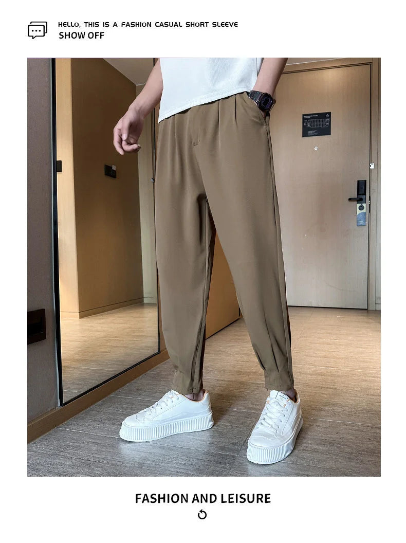 Men’s Spring & Summer Casual Solid Color Ice Silk Trousers — Korean Style Slim Ankle Pants with Zipper Detail, Smooth & Lightweight for a Handsome Look