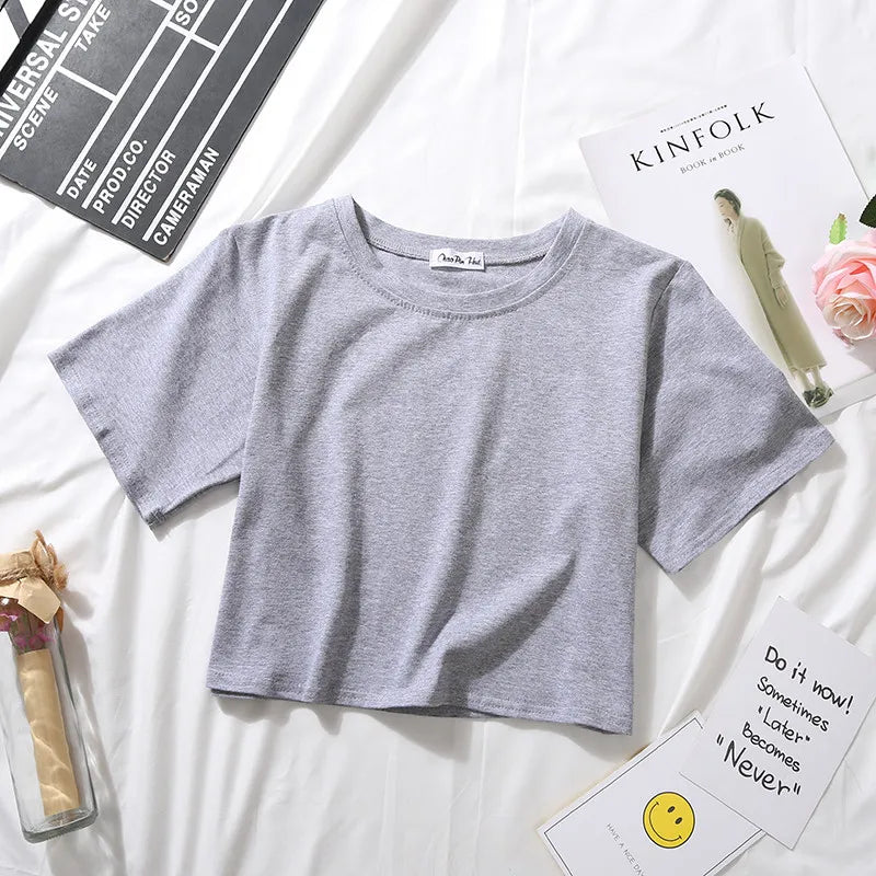 Women’s Summer Casual Cotton Short Sleeve Crop Top – Solid Color O-Neck Loose Fit T-ShirtT