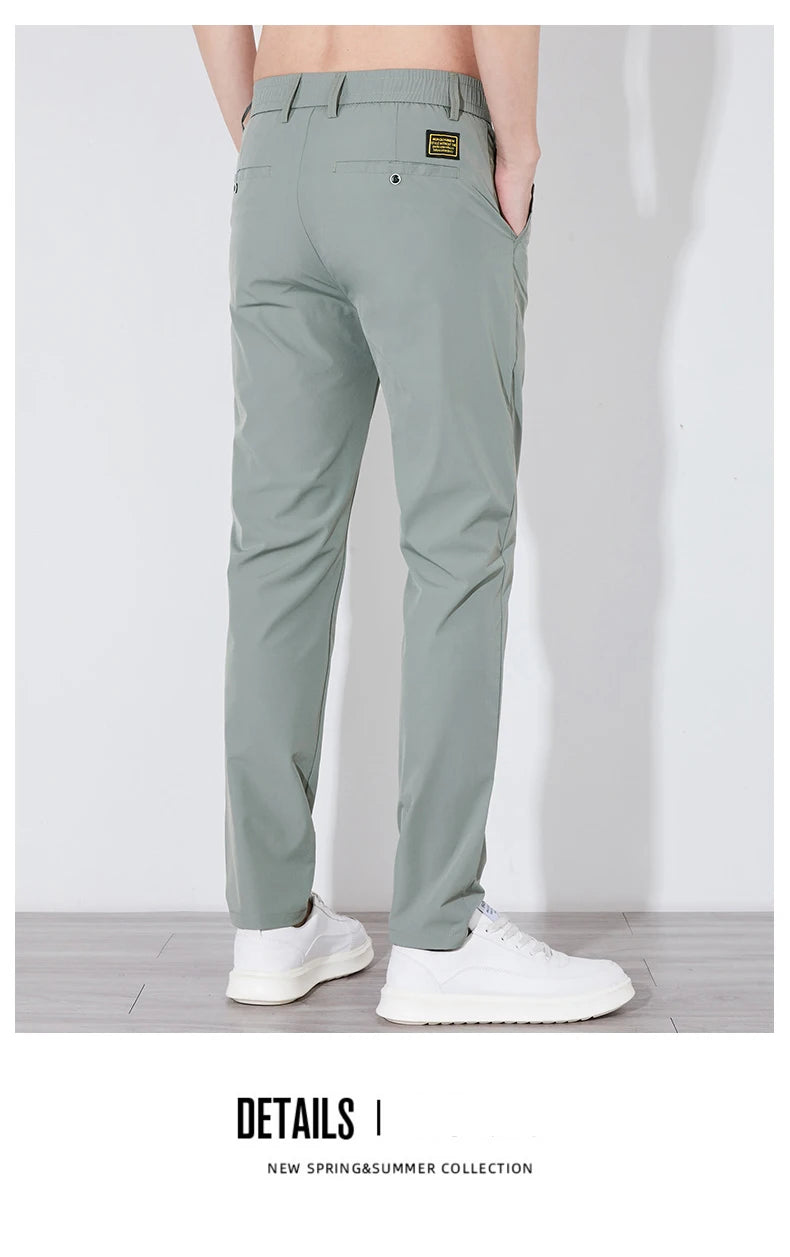 Men's Summer Silk-Feel Stretch Trousers – Lightweight Classic Business Casual Pants with Elastic Waist – Korean Style Smooth Suit Pants in Black or Gray