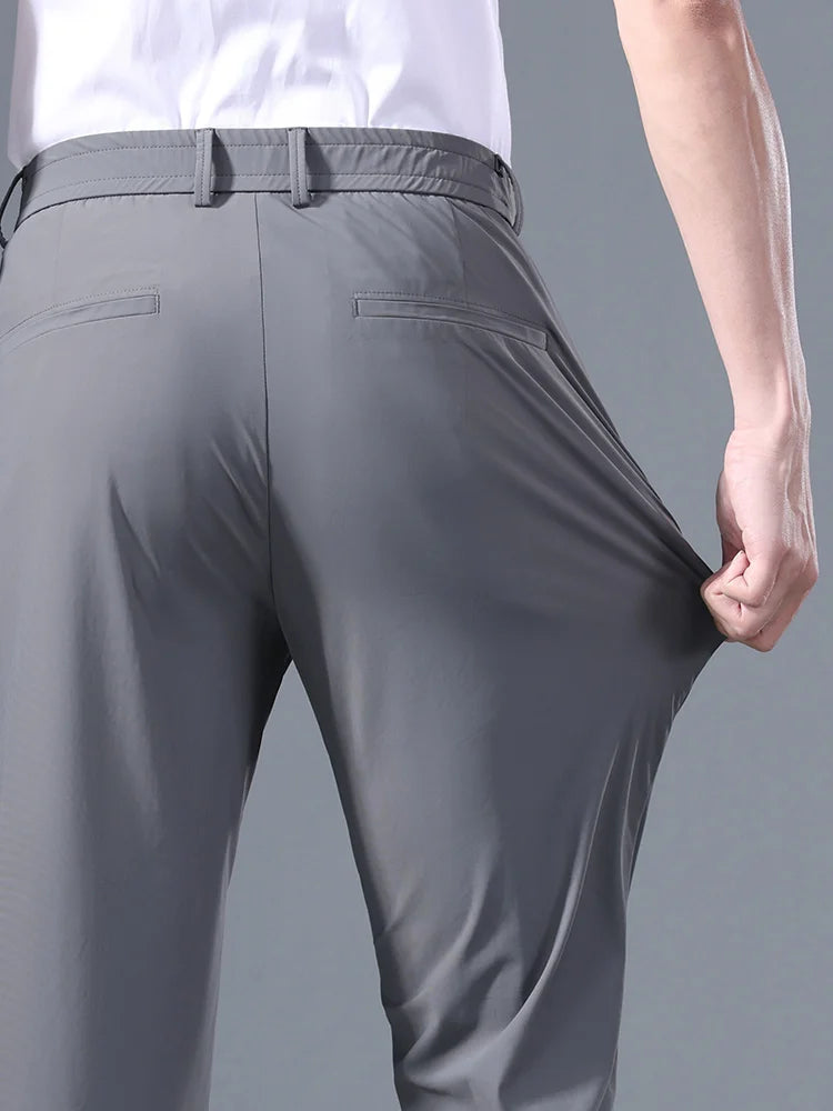 Men's Summer Classic Stretch Suit Trousers – Lightweight Business Casual Pants with Elastic Waist in Black, Gray, or Blue