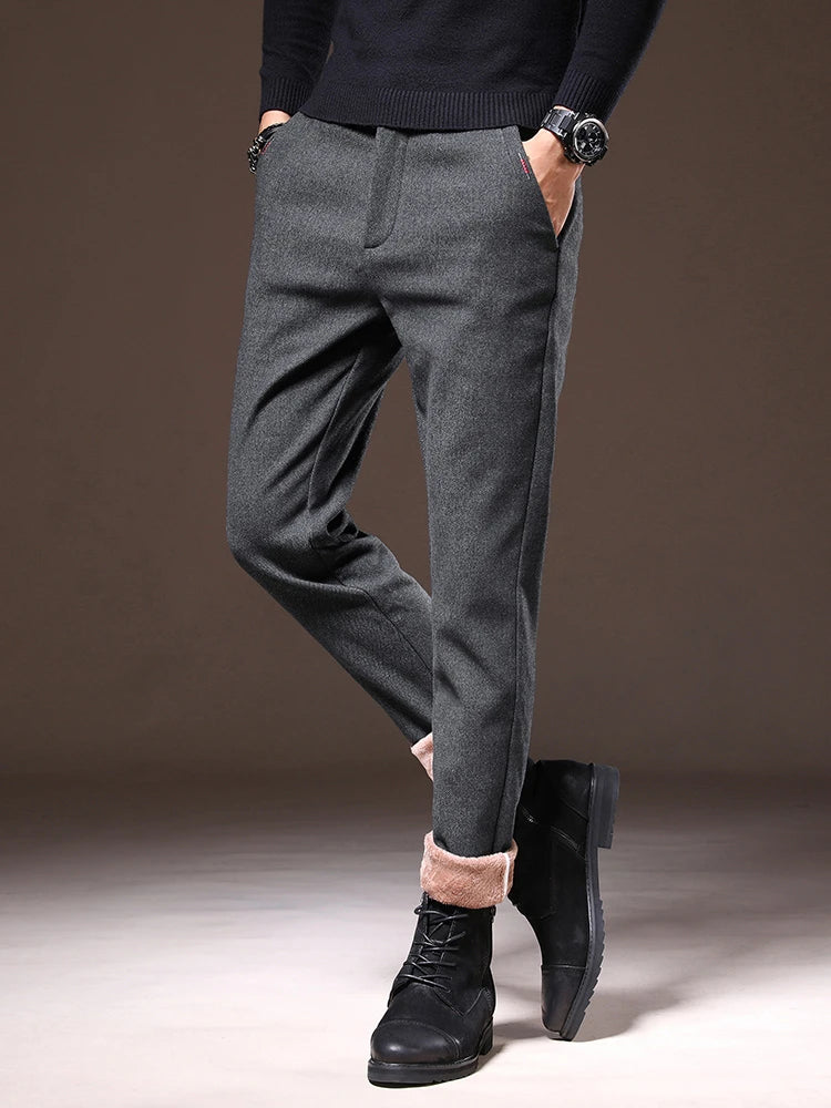 Men's Winter Fleece-Lined Slim Fit Pants – Thick Warm Straight-Leg Casual Business Trousers (Sizes 28-38)
