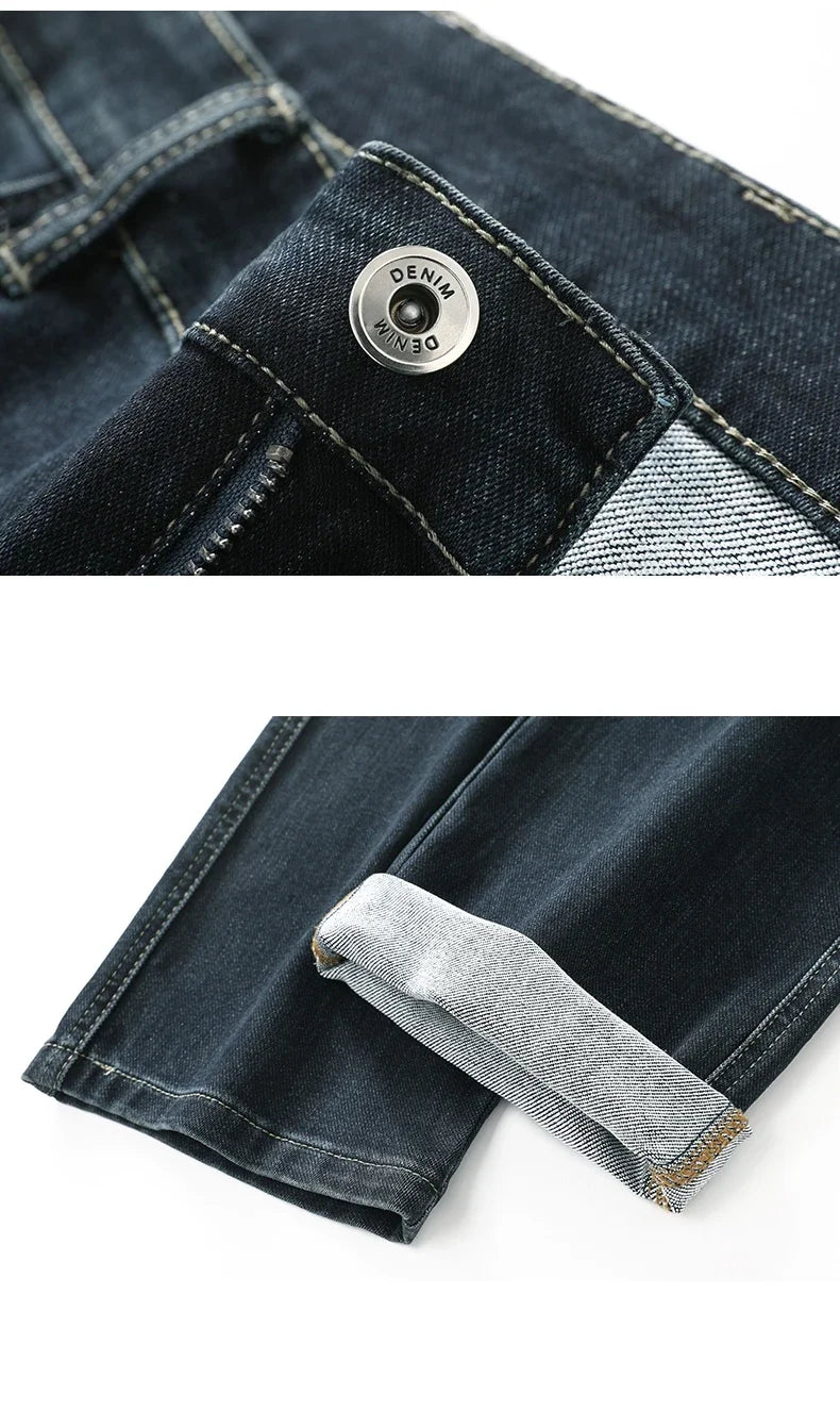 2025 Spring Men's High-Waist Spliced Washed Denim Jeans – Loose Straight Fit Stretch Cotton Blend Casual Brand Trousers 