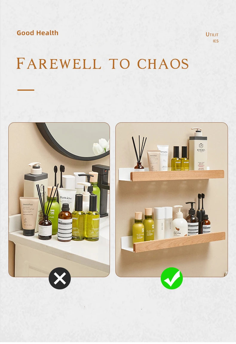 No-Drill Wall-Mounted Solid Wood Corner Bathroom Shelf — Shower Storage Rack and Toilet Shampoo Holder