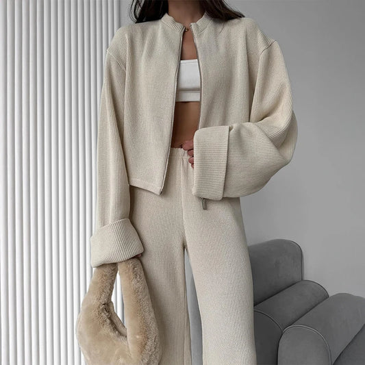 Tornova Women's Elegant Knit Two-Piece Set – Zipper Jacket & Wide-Leg Pants Casual Outfit