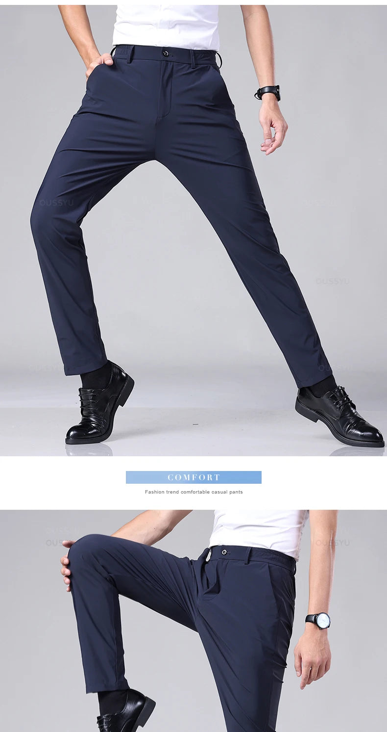 Men's Summer Classic Stretch Suit Trousers – Lightweight Business Casual Pants with Elastic Waist in Black, Gray, or Blue