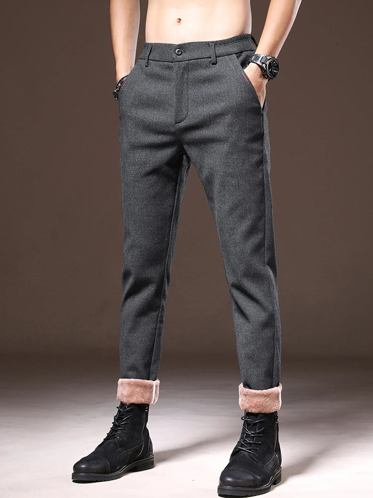 Men's Winter Fleece-Lined Slim Fit Pants – Thick Warm Straight-Leg Casual Business Trousers (Sizes 28-38)