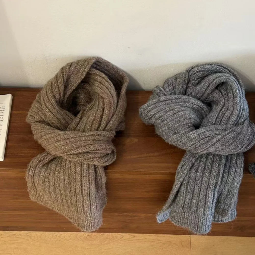 High-End Korean Style Thick Knit Scarf for Women – Warm Woolen Solid Color Winter & Autumn Wrap