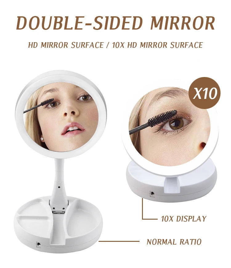 Dual-Powered LED Makeup Mirror – Portable Double-Sided Mirror with 10X Magnification, Battery/USB Operated