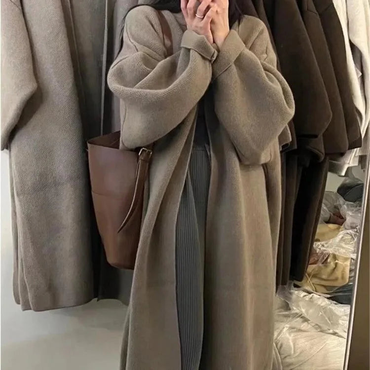 2024 Women's V-Neck Knit Cardigan – Long Sleeve Open Front Sweater, Loose Fit Solid Color Winter Outerwear