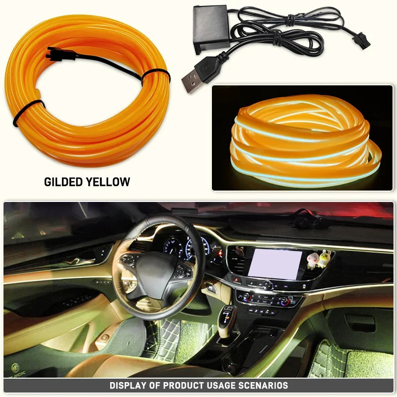 1M/3M/5M Flexible EL Neon Strip Light for Car Interior Decoration USB-Powered Ambient and Party LED Lighting for DIY Auto Styling 