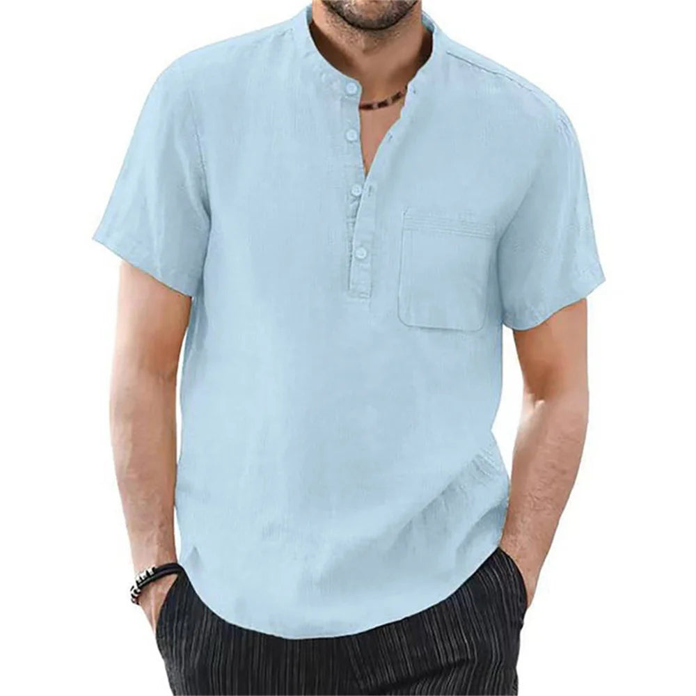 Men’s Casual Short Sleeve Cotton-Linen T-Shirt – Solid Color, Breathable and Comfortable Summer Shirt