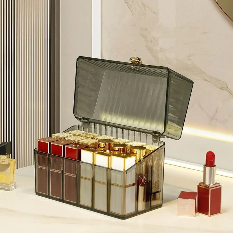 Dustproof Makeup Organizer Box – Lipstick, Brush, Skincare & Palette Storage for Desktop Use