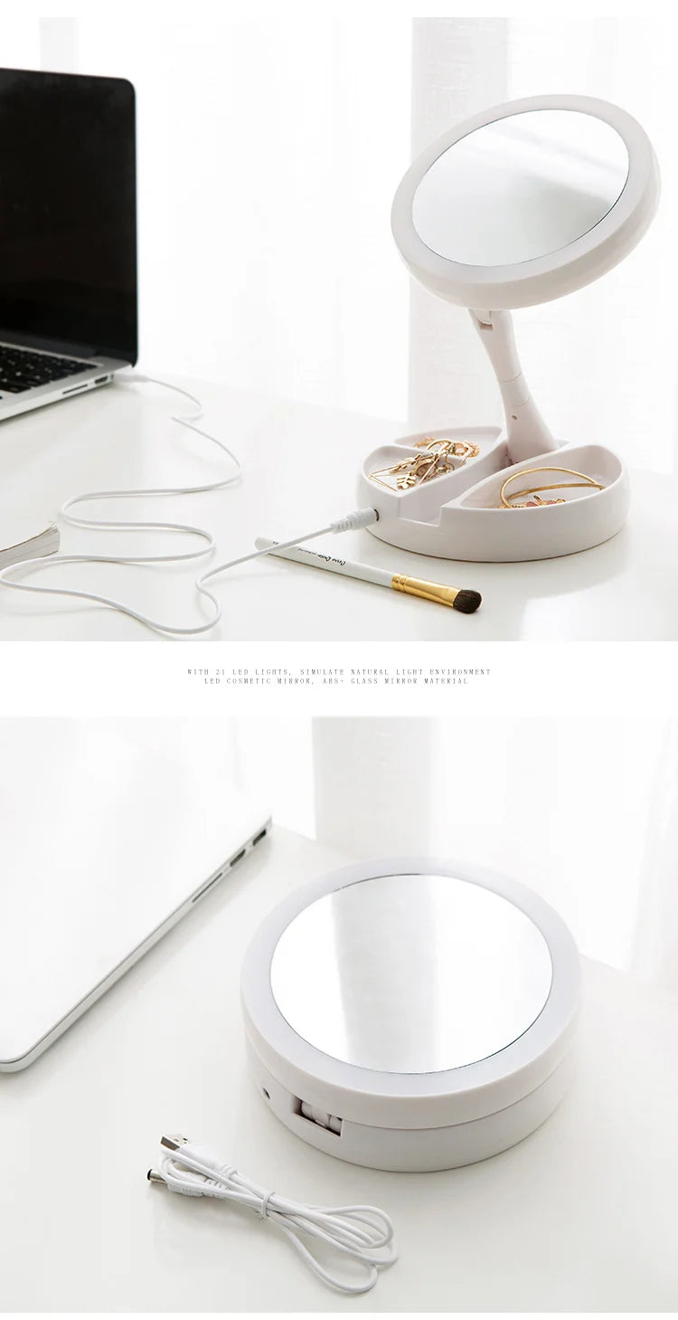 Dual-Powered LED Makeup Mirror – Portable Double-Sided Mirror with 10X Magnification, Battery/USB Operated