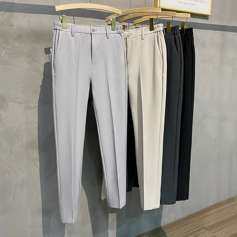 2025 Spring-Summer Men's Slim Fit Casual Business Jogger Pants with Elastic Waist, Available in Plus Sizes 40 and 42, Black
