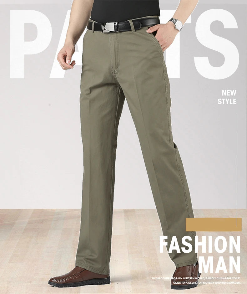 Men's Solid Cotton Straight-Leg Chino Pants – Business Casual Trousers with Belt, Ideal for Autumn & Winter – Classic Formal Style for Adults & Seniors
