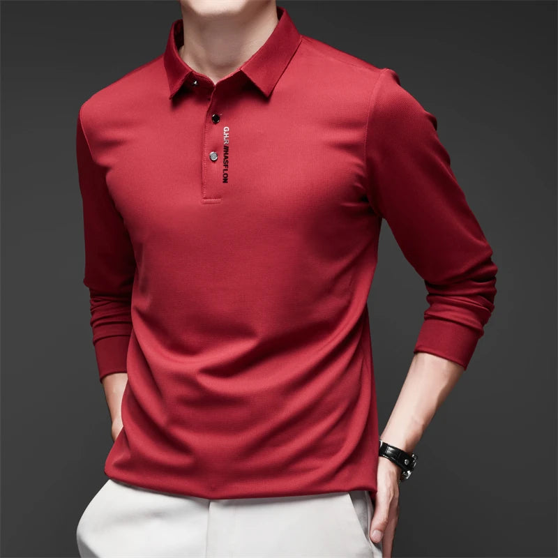 Men's Long Sleeve Polo Shirt – Solid Color, Business Casual, Stylish & Breathable Shirt with Badge Design
